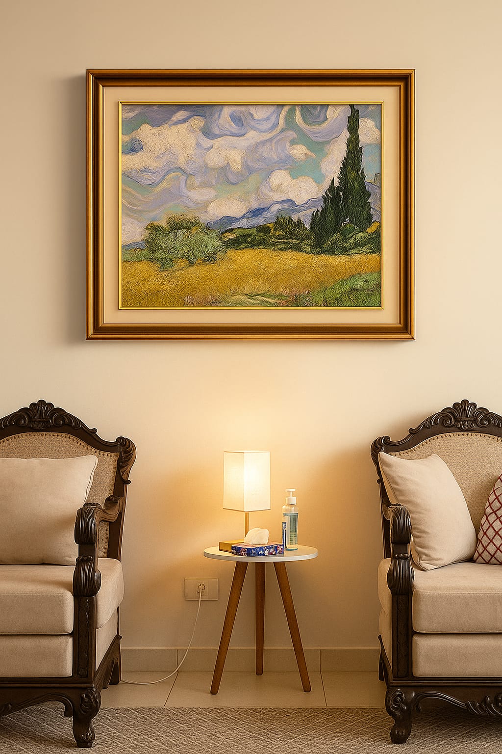 Sala de atendimento com poltronas e quadro