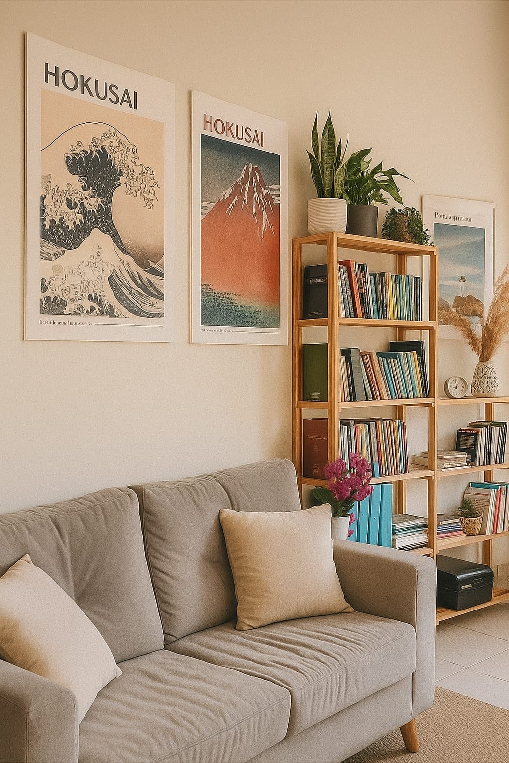 Estante com livros e arte